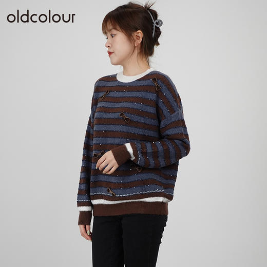 oldcolour秋商场同款别致长袖圆领条纹针织套头衫女N34052422 商品图3