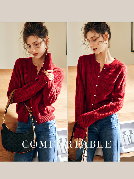 OLrain欧芮儿法式红色针织开衫女秋季2022新款复古肌理感毛衣外套 商品图1