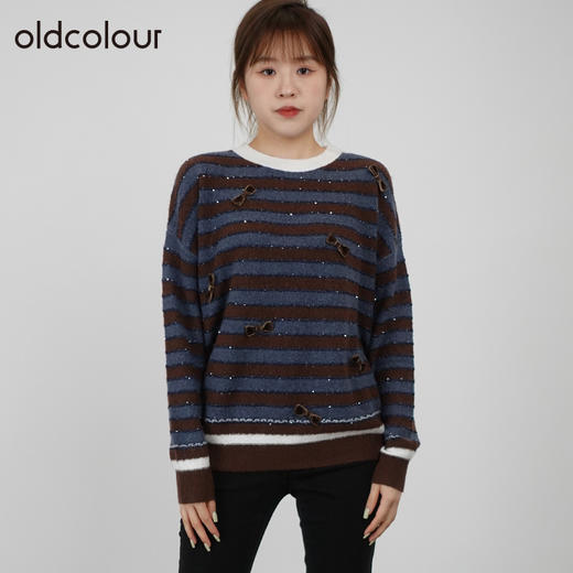 oldcolour秋商场同款别致长袖圆领条纹针织套头衫女N34052422 商品图2