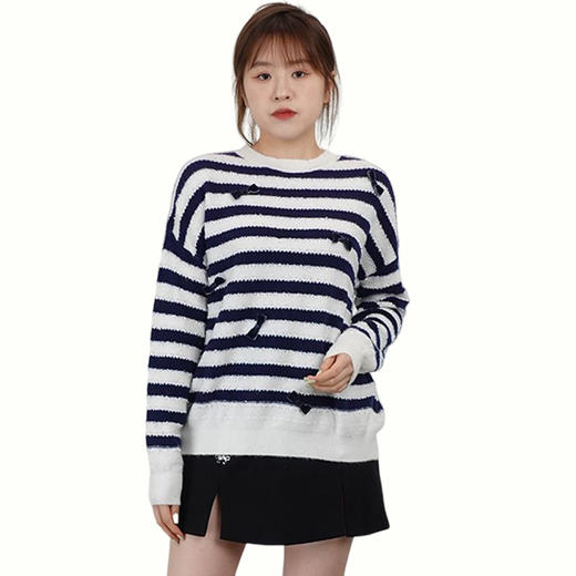 oldcolour秋商场同款别致长袖圆领条纹针织套头衫女N34052422 商品图4