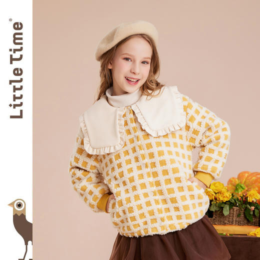 littletime女童呢子外套秋冬装2022冬季新款法式大翻领格子儿童呢子大衣 商品图1