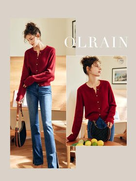 OLrain欧芮儿法式红色针织开衫女秋季2022新款复古肌理感毛衣外套