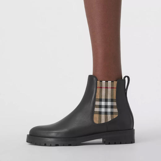 【一】BURBERRY 巴宝莉 女士 Vintage 格纹装饰皮革切尔西短靴 黑色 8042363 A1189 商品图3