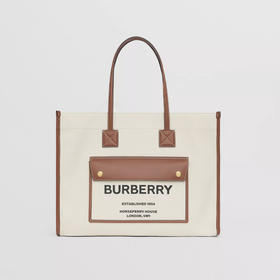 BURBERRY 巴宝莉 女士两色帆布和皮革中号 Freya 托特包 米白色 8044129 A1395