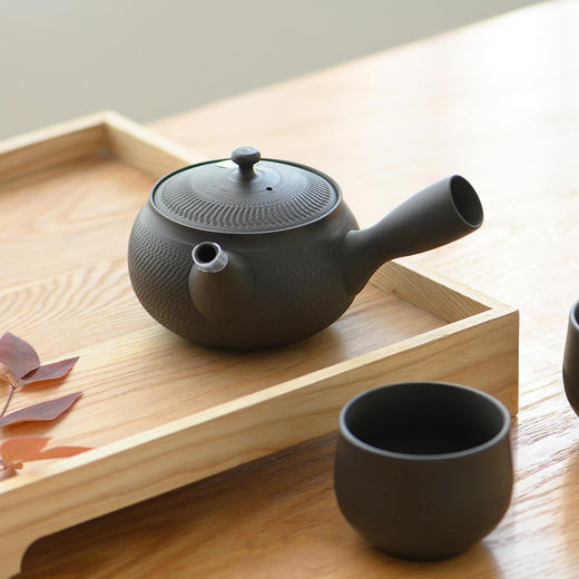 【特惠6折】日本进口常滑烧急须壶 陶仙手作黑泥雕纹一壶二杯侧把泡茶壶套装 商品图1