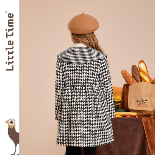 littletime女童复古翻领千鸟格毛呢外套2022秋冬中长加厚儿童黑白格子呢大衣 商品图5
