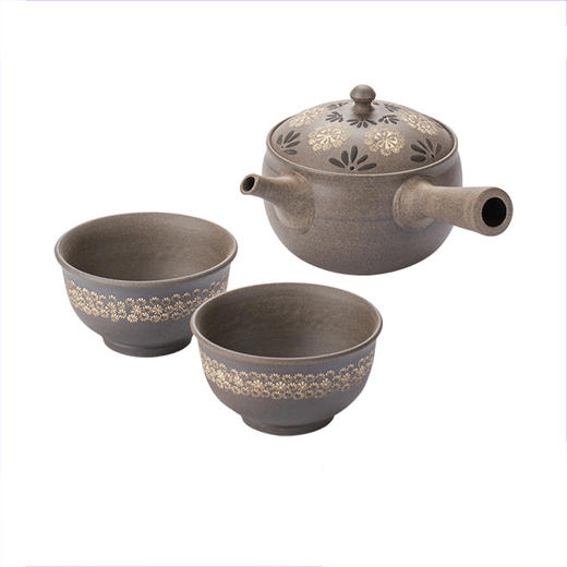 日本进口常滑烧一壶两杯细纹印花日式手工茶壶茶杯 商品图0