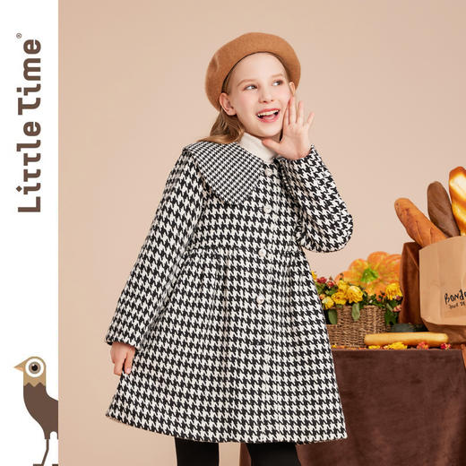 littletime女童复古翻领千鸟格毛呢外套2022秋冬中长加厚儿童黑白格子呢大衣 商品图0