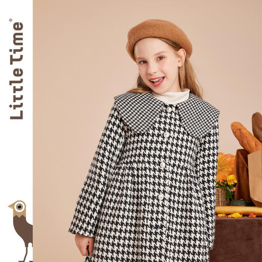 littletime女童复古翻领千鸟格毛呢外套2022秋冬中长加厚儿童黑白格子呢大衣 商品图1