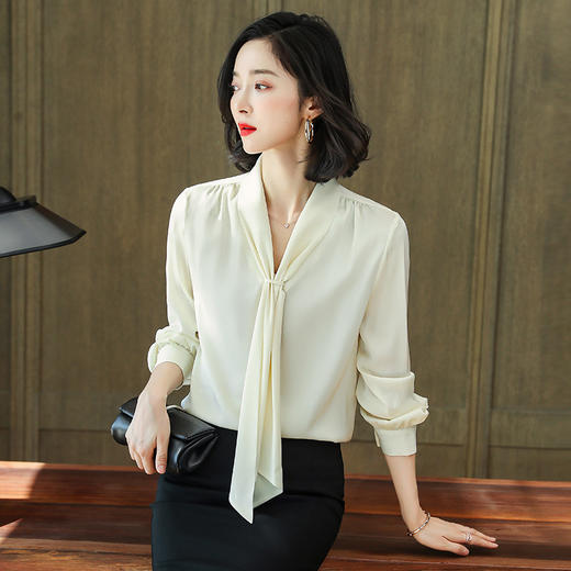 重磅真丝衬衫蝴蝶结飘带桑蚕丝上衣单排扣衬衣LS-LX825 商品图1