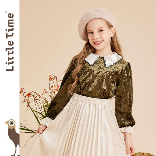 littletime女童法式翻领丝绒衬衫2022秋冬保暖加厚上衣新款儿童上衣 商品图0