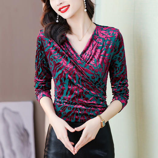 气质妈妈装V领网纱植绒长袖小衫，秋季新款百搭弹力显瘦上衣KQL-3962 商品图0