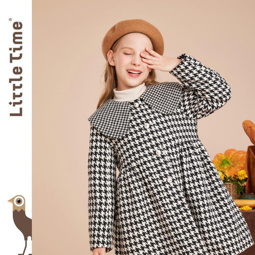 littletime女童复古翻领千鸟格毛呢外套2022秋冬中长加厚儿童黑白格子呢大衣 商品图2