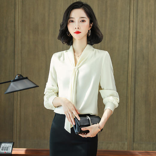 重磅真丝衬衫蝴蝶结飘带桑蚕丝上衣单排扣衬衣LS-LX825 商品图3
