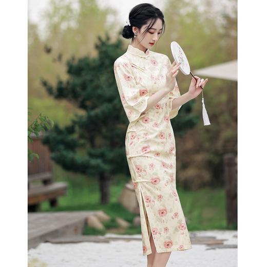 BJS-608复古改良国风倒大袖旗袍裙 秋季新款气质丝绒旗袍年轻款中长款608 商品图2