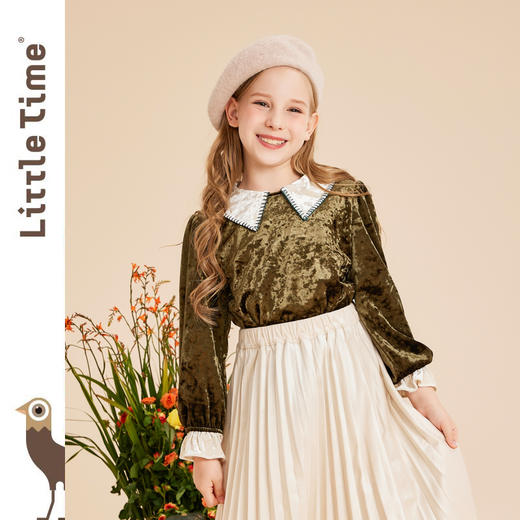 littletime女童法式翻领丝绒衬衫2022秋冬保暖加厚上衣新款儿童上衣 商品图1