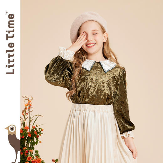 littletime女童法式翻领丝绒衬衫2022秋冬保暖加厚上衣新款儿童上衣 商品图3