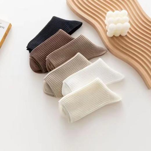 【纯棉中筒袜5双】日系双针纯色百搭袜竖条纹  秋冬纯棉中筒堆堆袜防臭潮流百搭袜子 商品图1
