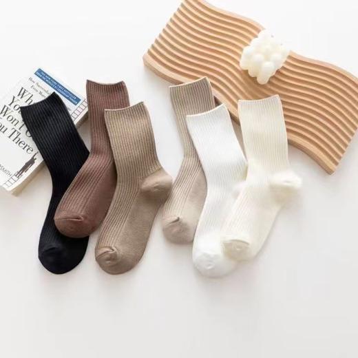 【纯棉中筒袜5双】日系双针纯色百搭袜竖条纹  秋冬纯棉中筒堆堆袜防臭潮流百搭袜子 商品图4