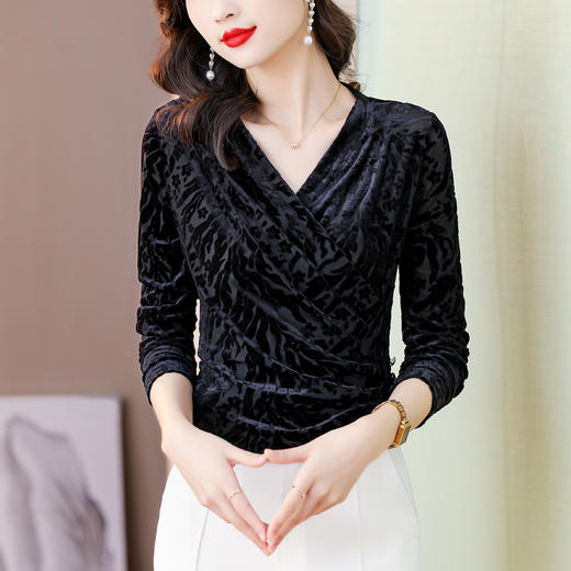 气质妈妈装V领网纱植绒长袖小衫，秋季新款百搭弹力显瘦上衣KQL-3962 商品图1