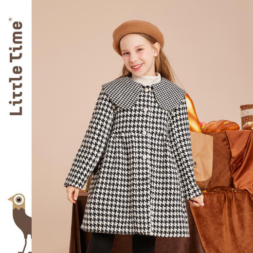 littletime女童复古翻领千鸟格毛呢外套2022秋冬中长加厚儿童黑白格子呢大衣 商品图4