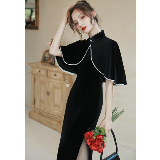 BJS-2221复古气质走秀丝绒旗袍长款年轻款 秋季新款民国风斗篷旗袍裙2221 商品图0