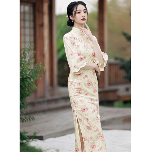 BJS-608复古改良国风倒大袖旗袍裙 秋季新款气质丝绒旗袍年轻款中长款608 商品图3