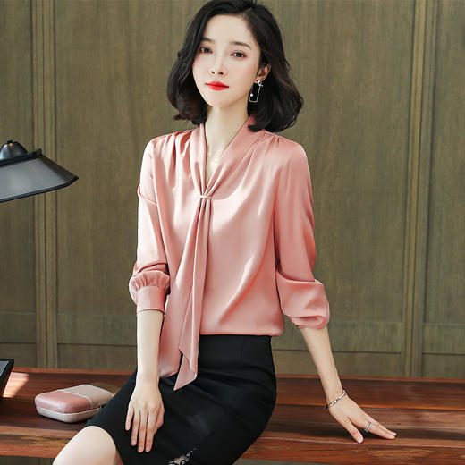 重磅真丝衬衫蝴蝶结飘带桑蚕丝上衣单排扣衬衣LS-LX825 商品图0