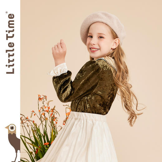 littletime女童法式翻领丝绒衬衫2022秋冬保暖加厚上衣新款儿童上衣 商品图2