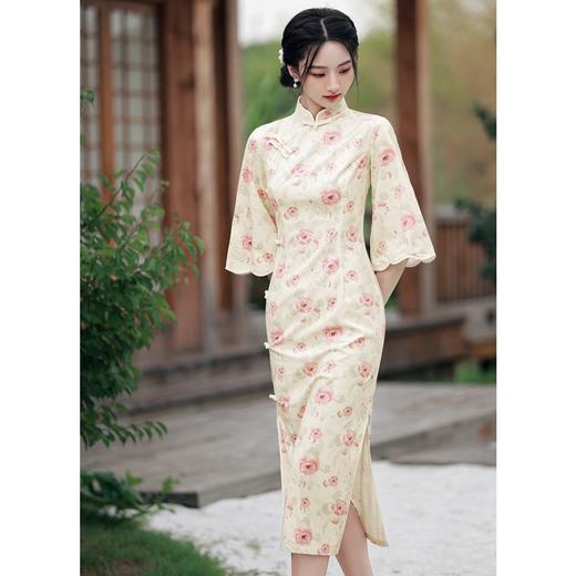 BJS-608复古改良国风倒大袖旗袍裙 秋季新款气质丝绒旗袍年轻款中长款608 商品图1