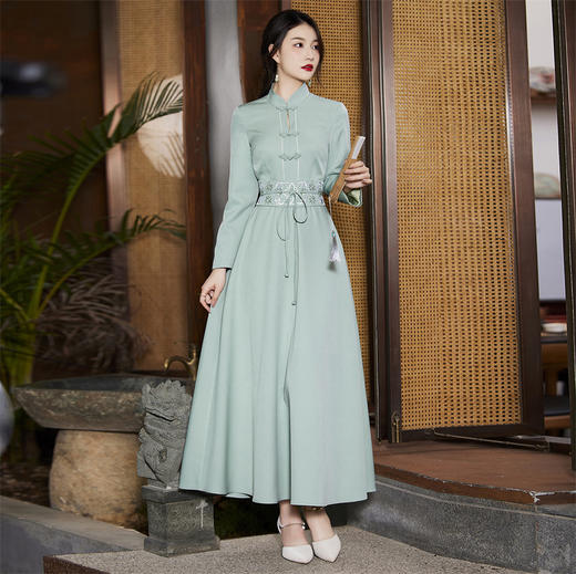 FLZD-A9056 2022秋季新款纯色简约风雅国风复古中式连衣裙 商品图3
