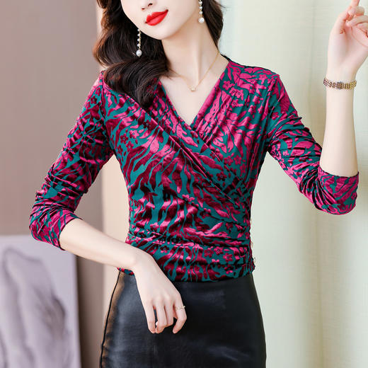 气质妈妈装V领网纱植绒长袖小衫，秋季新款百搭弹力显瘦上衣KQL-3962 商品图2