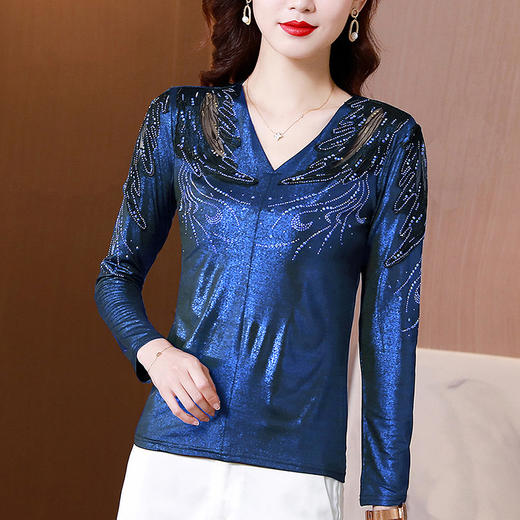 秋冬新款，V领烫钻打底衫中年妈妈时尚加绒加厚大码T恤小衫KQL-890 商品图3
