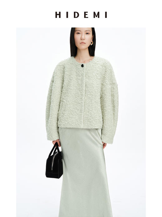 HIDEMI 圈圈马海毛廓形袖极简短大衣 水杉绿/浪漫紫 商品图10