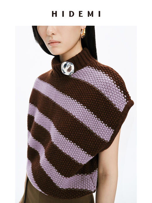 HIDEMI 美利奴羊毛粗花针斜条纹立领廓形落肩马夹 菠萝绿/香芋紫 商品图7