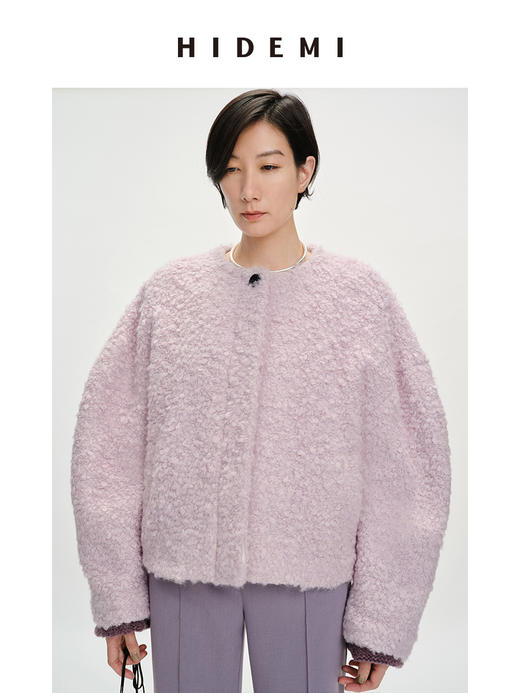 HIDEMI 圈圈马海毛廓形袖极简短大衣 水杉绿/浪漫紫 商品图4