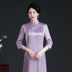 紫色醋酸缎刺绣日常修身改良版旗袍妈妈装BLH2297