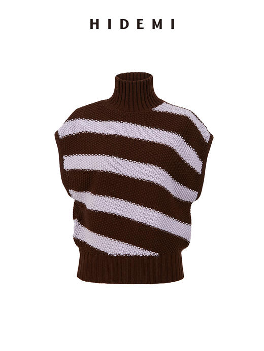 HIDEMI 美利奴羊毛粗花针斜条纹立领廓形落肩马夹 菠萝绿/香芋紫 商品图10