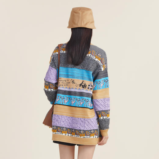 谜底2022秋新款复古宽松V领开衫趣味图案针织衫中长款女223MZ1370 商品图2