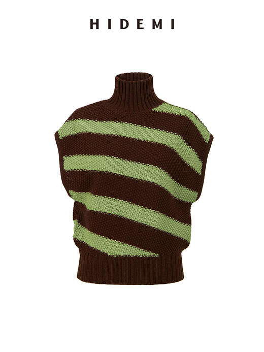 HIDEMI 美利奴羊毛粗花针斜条纹立领廓形落肩马夹 菠萝绿/香芋紫 商品图9