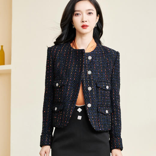 剩S/XL 米思阳2026春季新款时尚优雅多色粗花呢短外套单排扣长袖上衣2964 商品图0