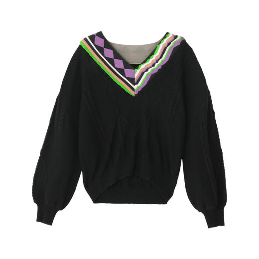 谜底2022秋新款复古V领宽松百搭时尚针织衫毛衫长袖女223MZ1378 商品图4