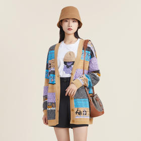 谜底2022秋新款复古宽松V领开衫趣味图案针织衫中长款女223MZ1370