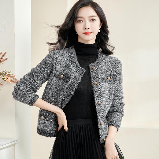 米思阳2024春秋款时尚气质灰色针织开衫小香风长袖短外套女3287 商品图0
