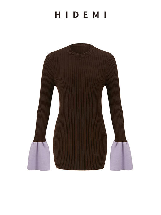 HIDEMI 美利奴羊毛撞色花苞灯笼袖坑条收身款圆领毛衣 商品图9