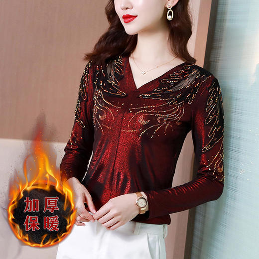 秋冬新款，V领烫钻打底衫中年妈妈时尚加绒加厚大码T恤小衫KQL-890 商品图1