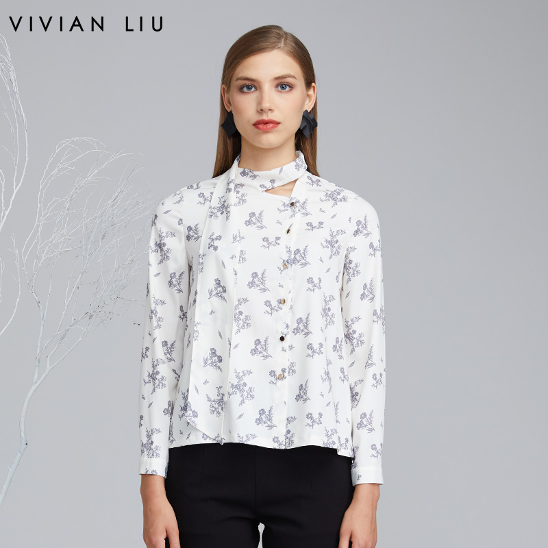 VIVIAN LIU D2253001 初秋女装新款印花飘带宽松舒适长袖衬衫