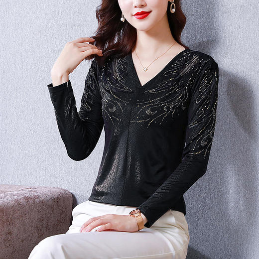 秋冬新款，V领烫钻打底衫中年妈妈时尚加绒加厚大码T恤小衫KQL-890 商品图4