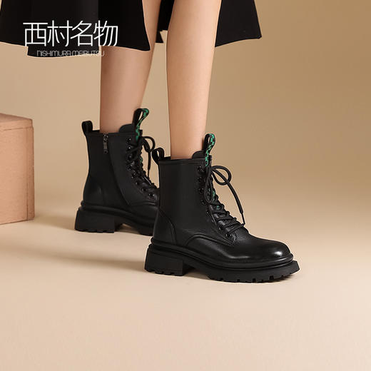 西村名物靴子女2022秋冬新款百搭靴英伦风厚底棋盘格马丁靴44021 商品图2