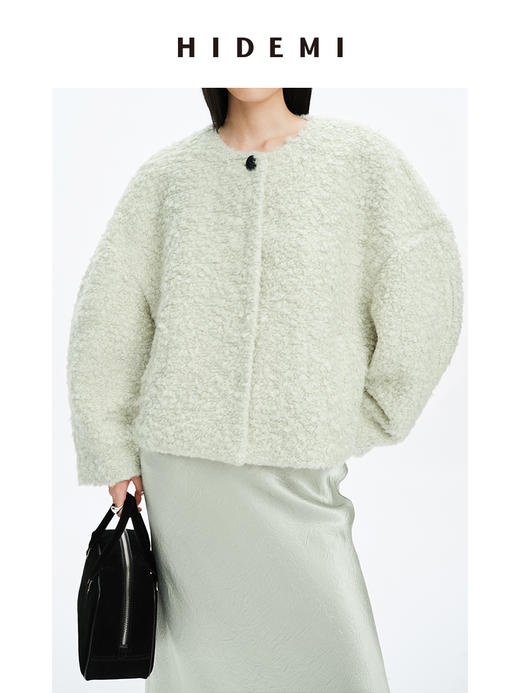 HIDEMI 圈圈马海毛廓形袖极简短大衣 水杉绿/浪漫紫 商品图12